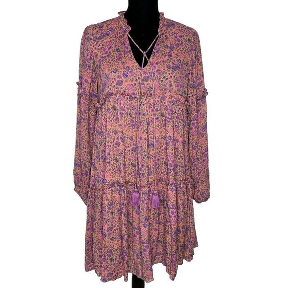 Celina Moon Shift Dress Pink Ditsy Floral Tiered Tassels Boho Size S - Picture 1 of 11